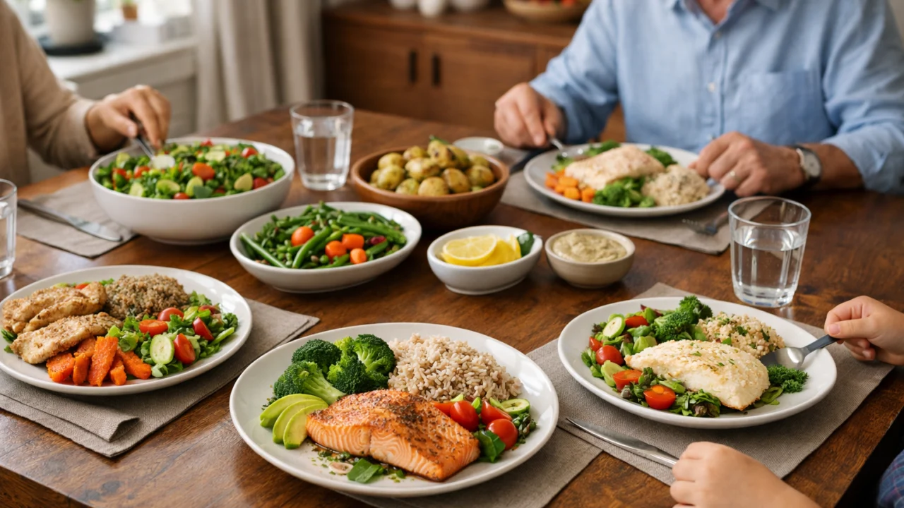 Obiteljski ručak s uravnoteženim tanjurom kao primjer zdrave prehrane u svakodnevnom životu