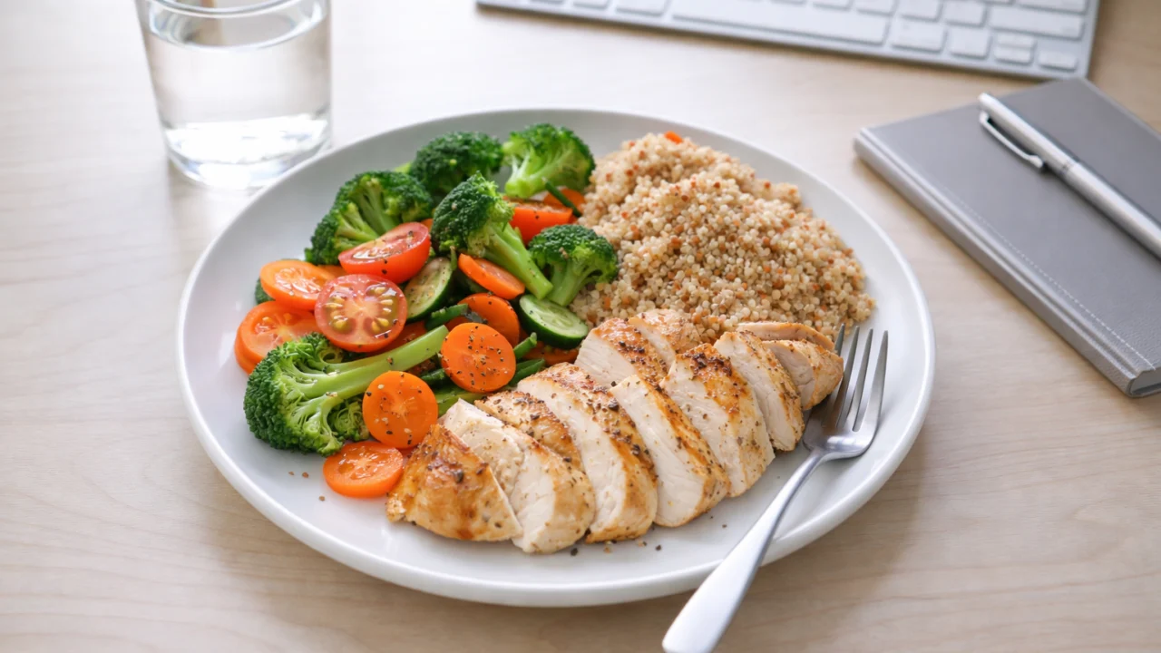 Uravnoteženi obrok na poslu s povrćem, proteinima i cjelovitim žitaricama