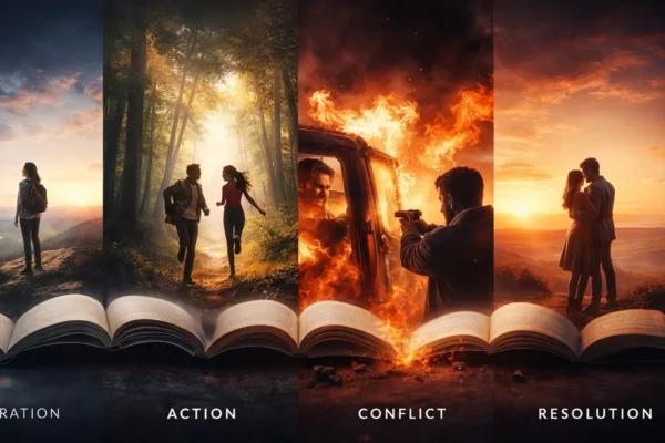 Vizualni prikaz strukture priče: uvod, zaplet, klimaks i rasplet, prikazano kroz knjige i filmske scene