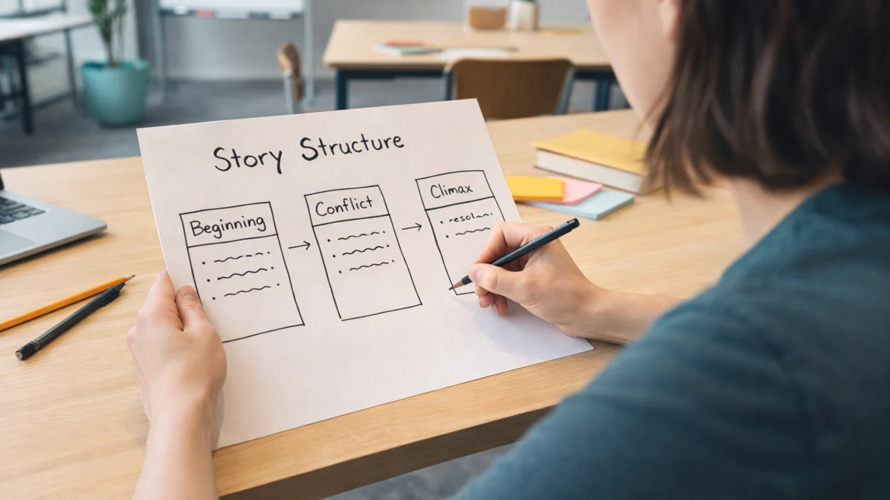 Učenik planira priču kroz uvod, zaplet, klimaks i rasplet kao pomoć u pisanju i učenju