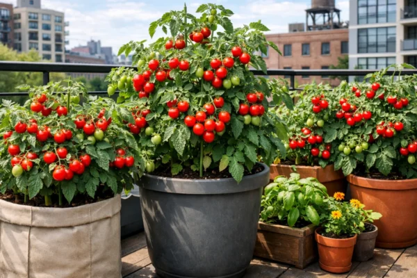 Uzgoj cherry rajčica u teglama na sunčanom balkonu s bogatim plodovima i zdravim biljkama u urbanim uvjetima