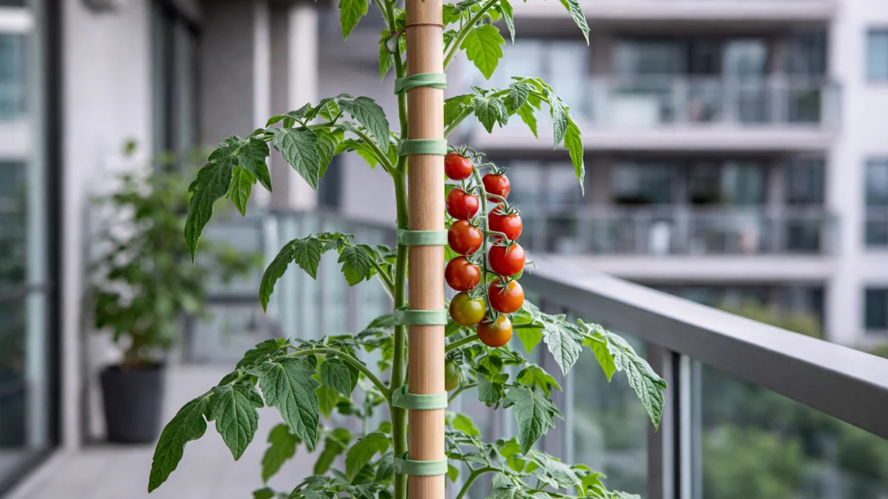 Potpora cherry rajčicama u tegli pomoću bambusovog štapa i pravilnog vezivanja za sprječavanje lomljenja