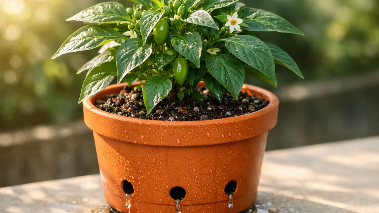 Paprika u posudi na jutarnjem suncu uz pravilno zalijevanje i drenažu za zdrav rast