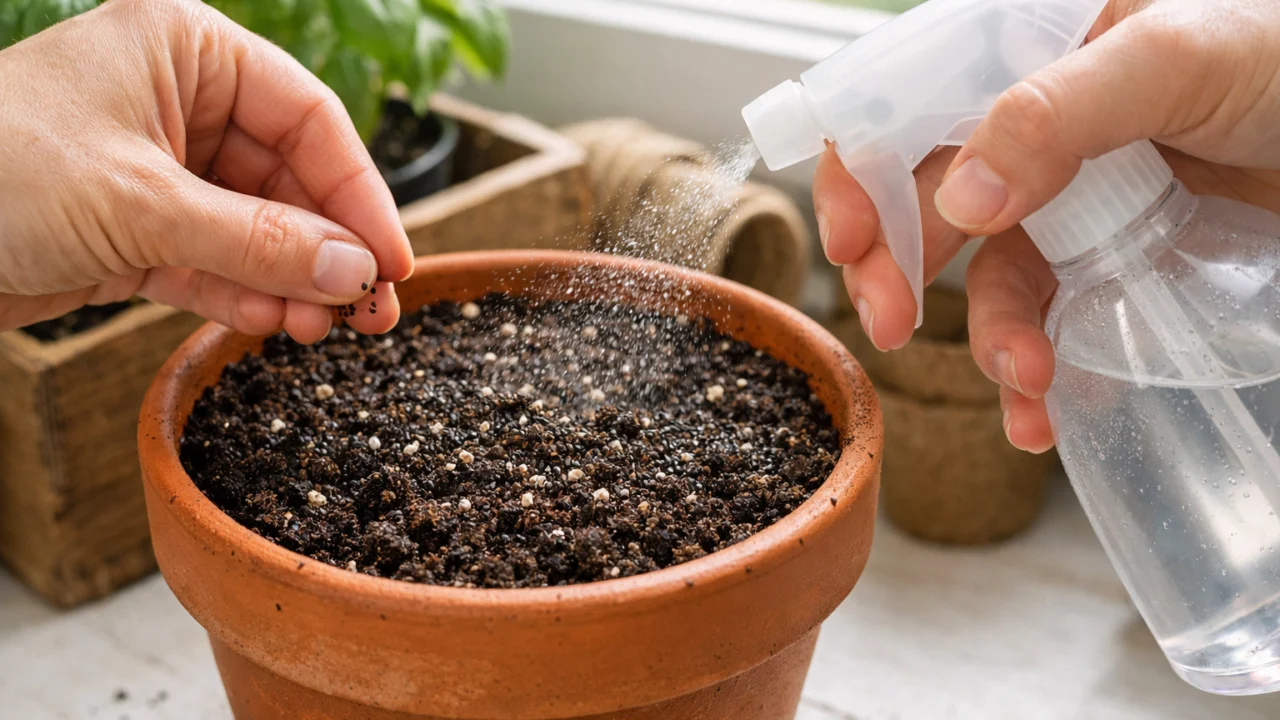 Sjetva bosiljka u posudu s kvalitetnom zemljom na prozorskoj dasci za kućni uzgoj začinskog bilja