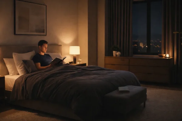 Miran moderan interijer spavaće sobe s prigušenim svjetlom koji simbolizira večernju rutinu za kvalitetniji san