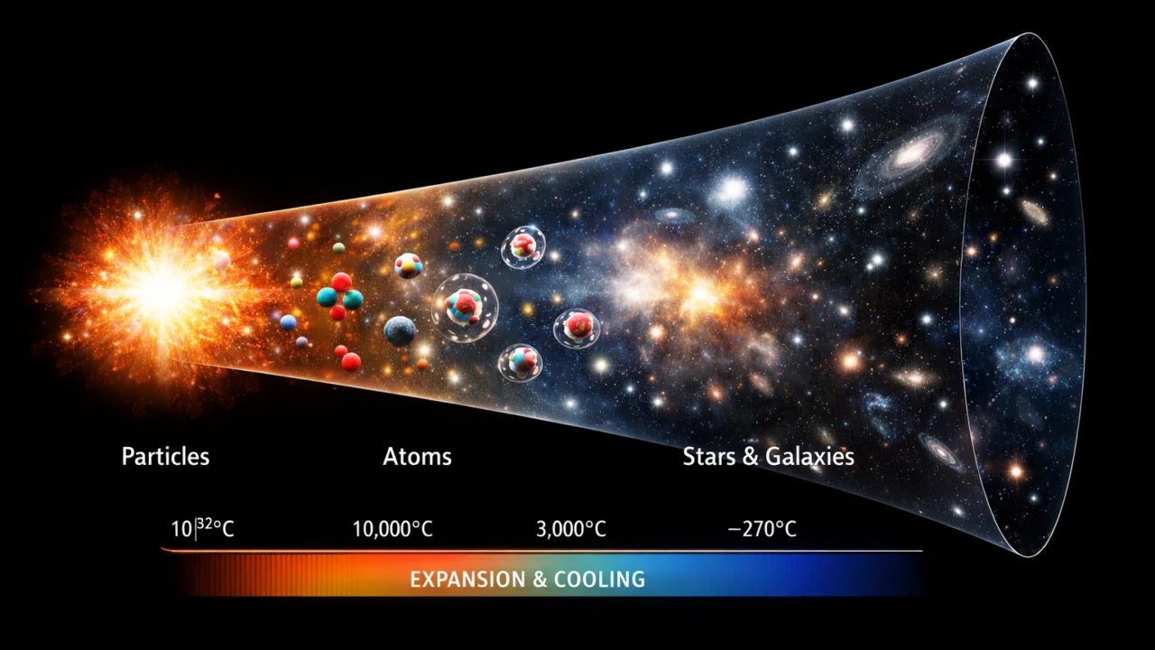 Ilustracija razvoja svemira od čestica do zvijezda prema teoriji Velikog praska