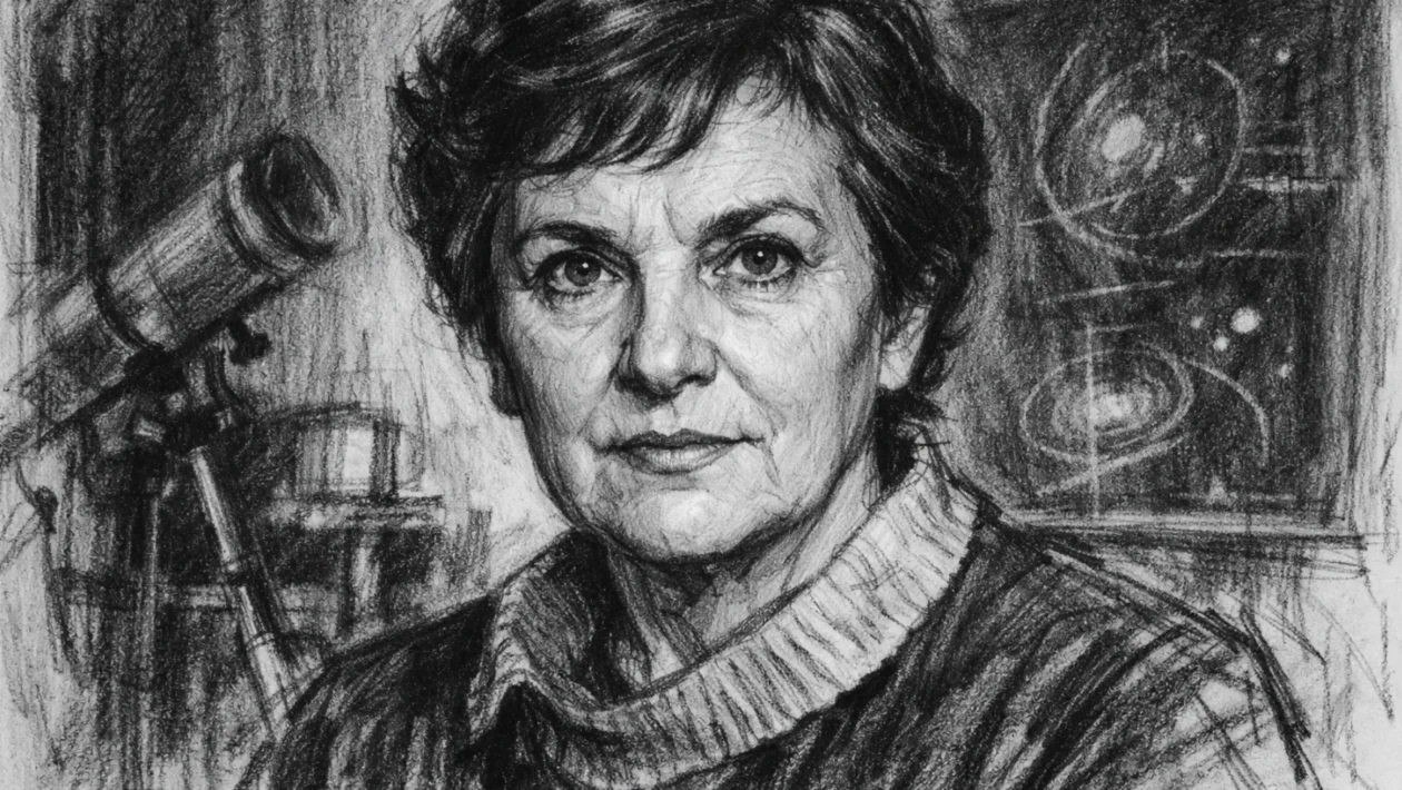 Portret Vere Rubin u ugalj stilu, crno-bijeli portret znanstvenice s naglašenim kontrastom i izražajnim linijama.
