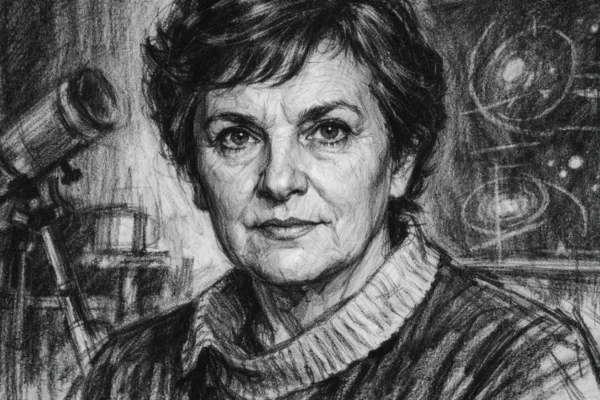 Portret Vere Rubin u ugalj stilu, crno-bijeli portret znanstvenice s naglašenim kontrastom i izražajnim linijama.