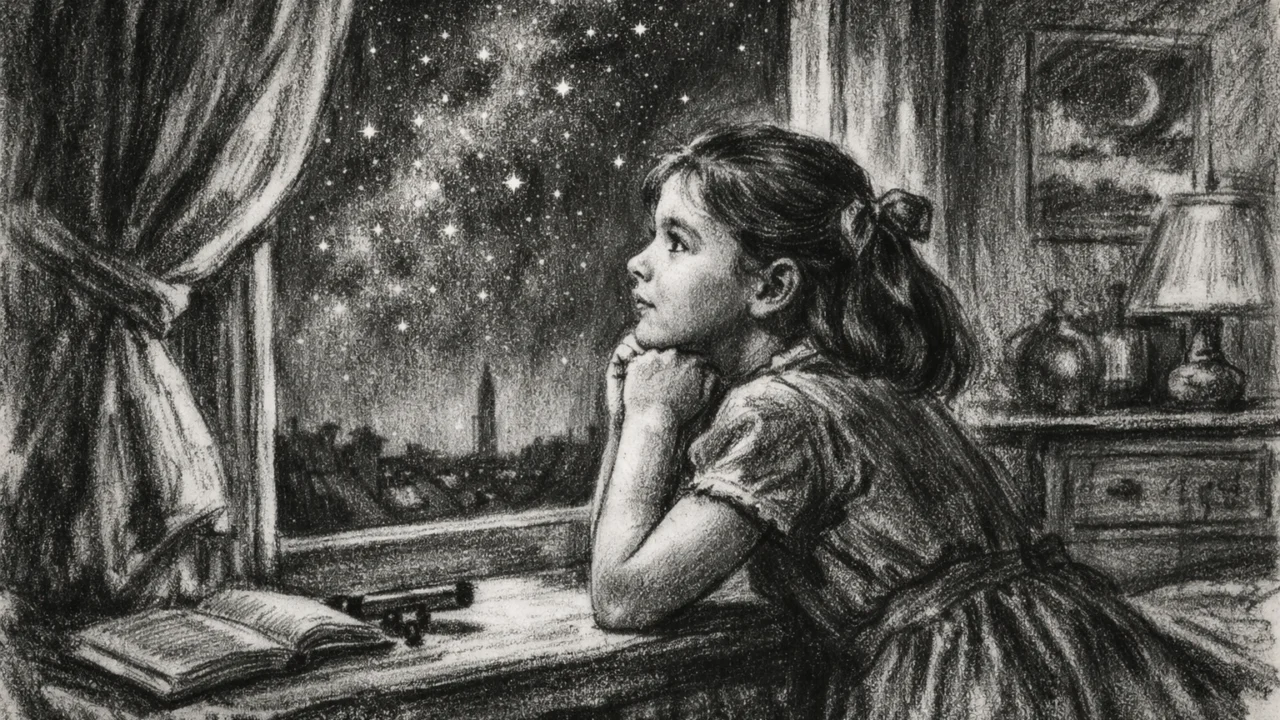 Mlada Vera Rubin promatra noćno nebo kroz prozor, prikazana u ugalj stilu s izraženim kontrastima i atmosferom znatiželje.
