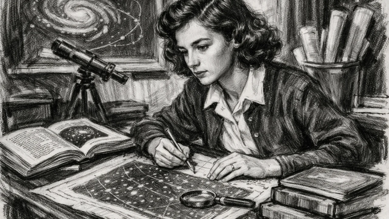 Vera Rubin tijekom studija astronomije, prikazana u ugalj stilu kako proučava knjige i karte zvijezda.