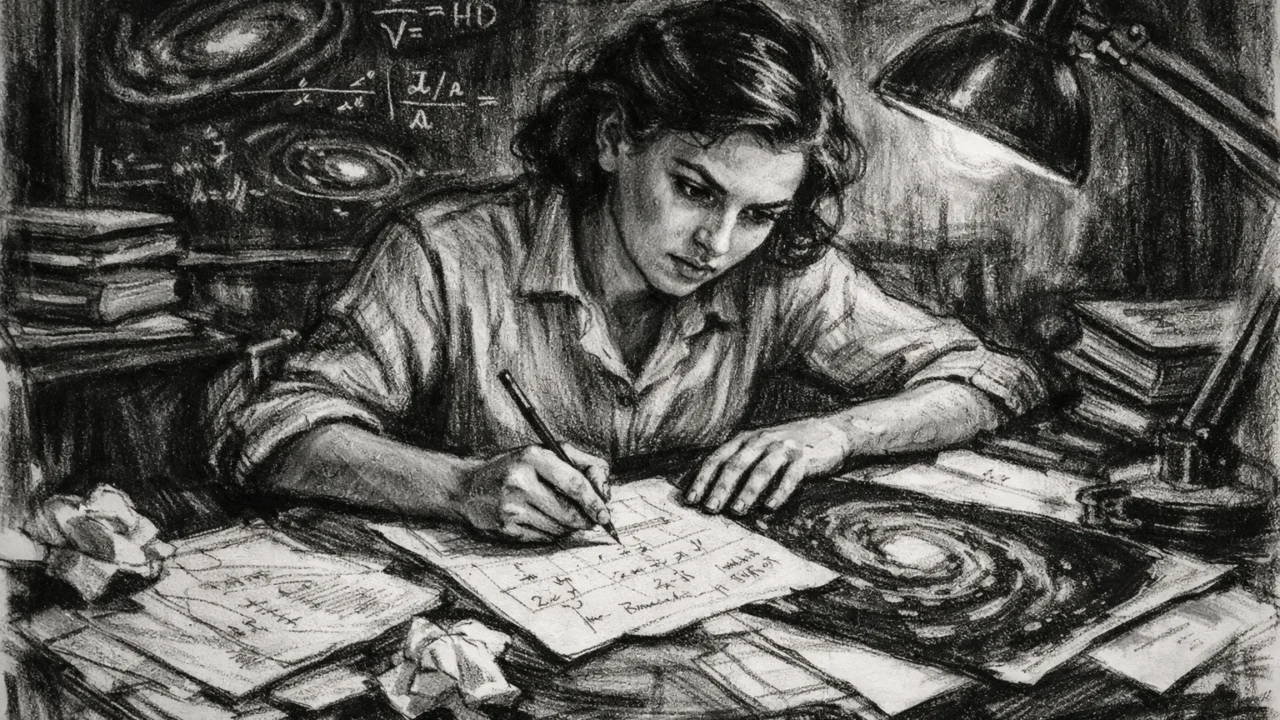 Vera Rubin tijekom poslijediplomskog rada, prikazana u ugalj stilu kako ustrajno radi na znanstvenim bilješkama.
