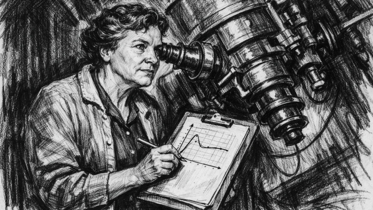 Vera Rubin uz astronomski teleskop, prikazana u ugalj stilu tijekom promatranja galaksija.