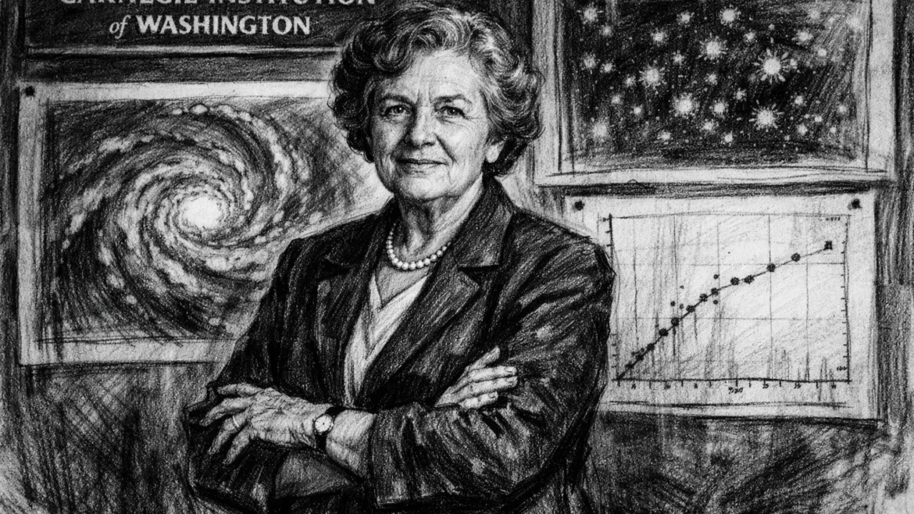 Vera Rubin kao ugledna znanstvenica u Carnegie Institution, prikazana u ugalj stilu s grafikonima galaksija u pozadini.