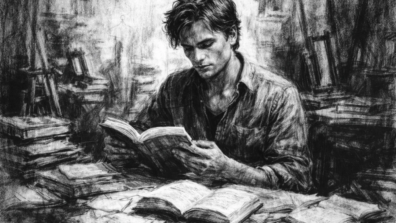 Mladi Viggo Mortensen tijekom obrazovanja, prikazan u ugalj stilu s knjigama i studijskom atmosferom