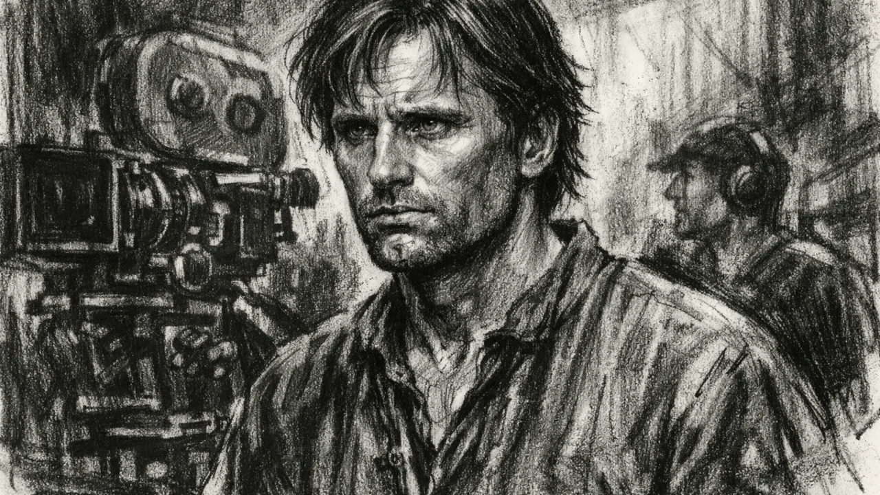 Viggo Mortensen na filmskom setu tijekom ranije karijere, realističan prikaz u ugalj stilu