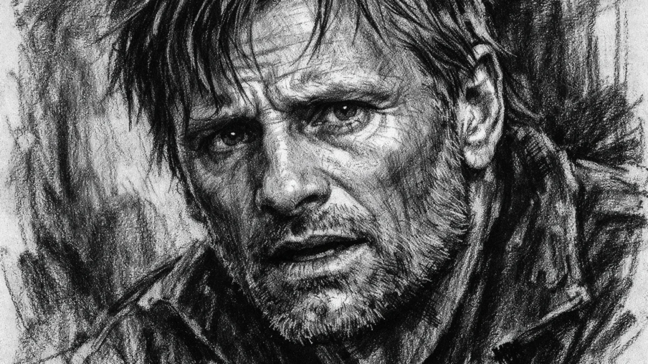 Emotivni trenutak glume Vigga Mortensena, snažan crno-bijeli prikaz u ugalj stilu