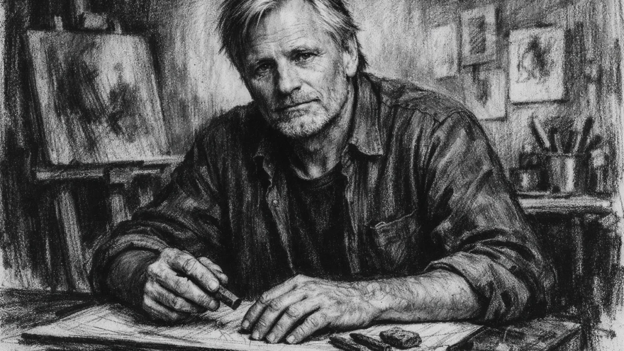 Zreliji Viggo Mortensen kao umjetnik i glumac, miran portret izveden u ugalj stilu