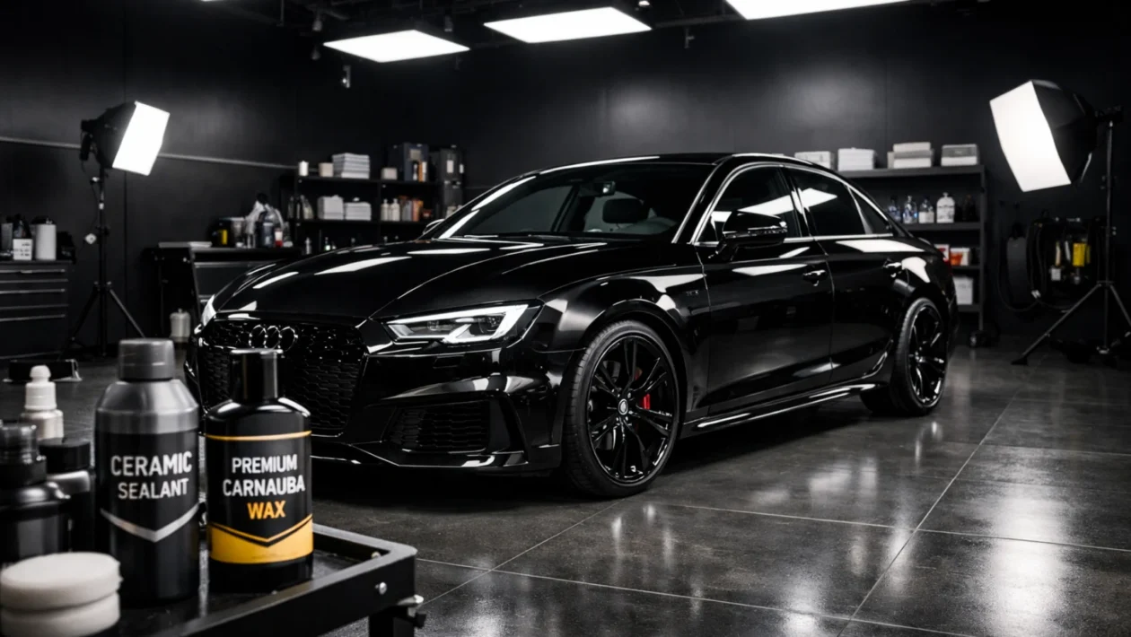 Zaštita laka automobila voskom i sealantom u profesionalnom detailing studiju s naglašenim sjajem i čistim lakom