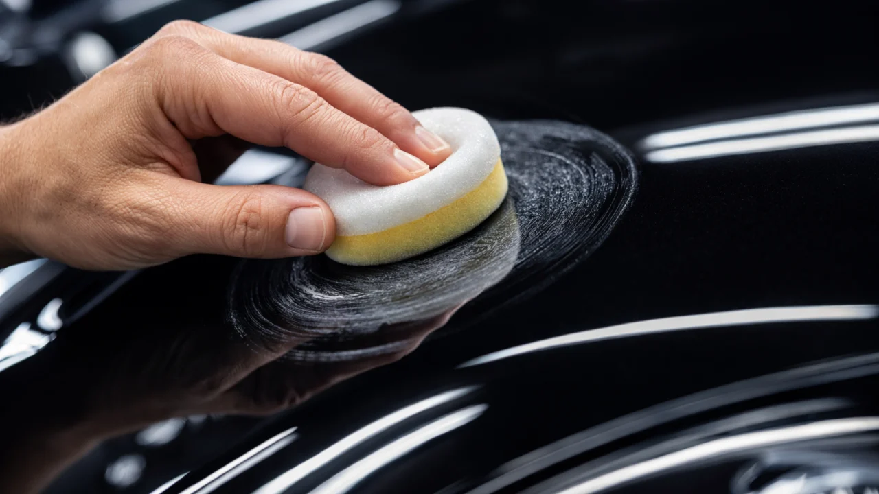 Ručno nanošenje voska na crni lak automobila za duboki sjaj i privremenu zaštitu površine