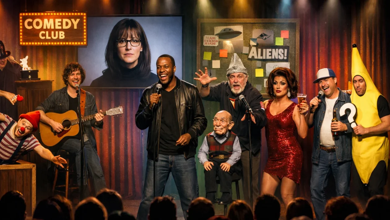 Različite vrste komedije i humora prikazane kroz moderne i klasične komičare u jednom kadru