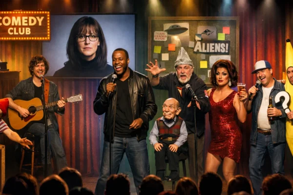 Različite vrste komedije i humora prikazane kroz moderne i klasične komičare u jednom kadru