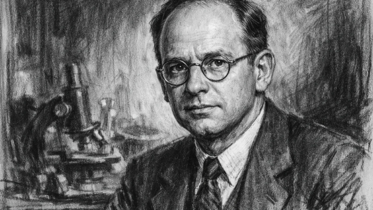 Portret Waltera Brattaina u ugalj stilu, realistično prikazan znanstvenik s izražajnim linijama i snažnim kontrastom.