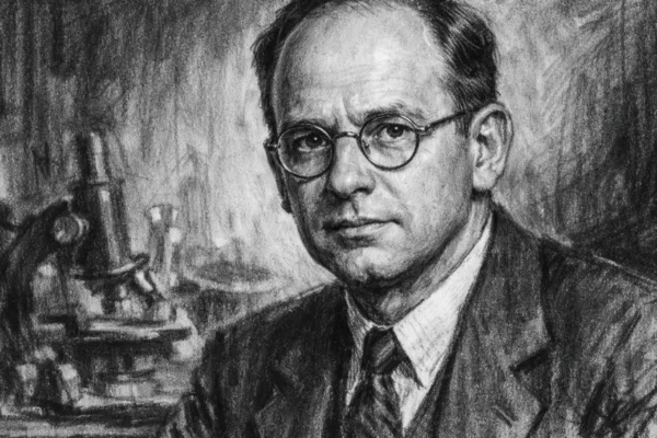 Portret Waltera Brattaina u ugalj stilu, realistično prikazan znanstvenik s izražajnim linijama i snažnim kontrastom.