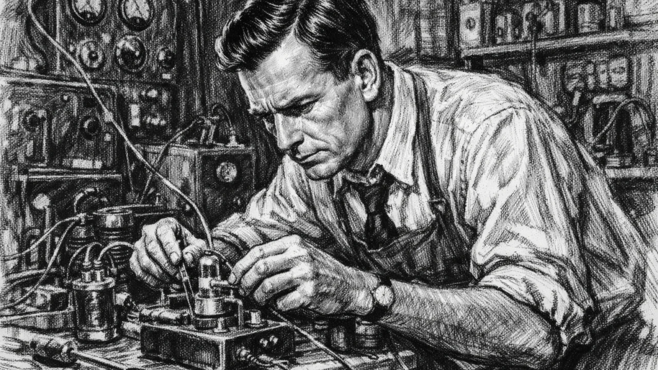 Walter Brattain u laboratoriju Bell Labsa, prizor u ugalj stilu s eksperimentalnom opremom i snažnom atmosferom istraživanja.
