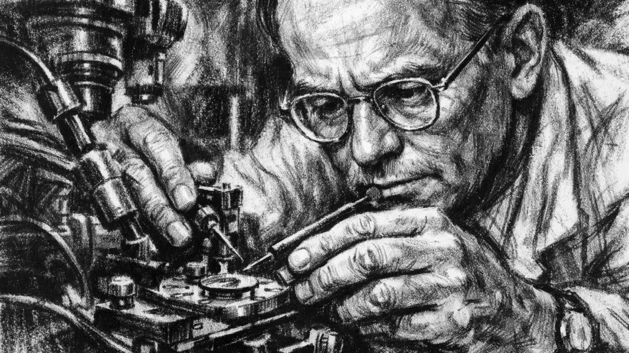 Walter Brattain tijekom eksperimenta s poluvodičima, ilustriran u ugalj stilu s detaljnom i koncentriranom atmosferom.