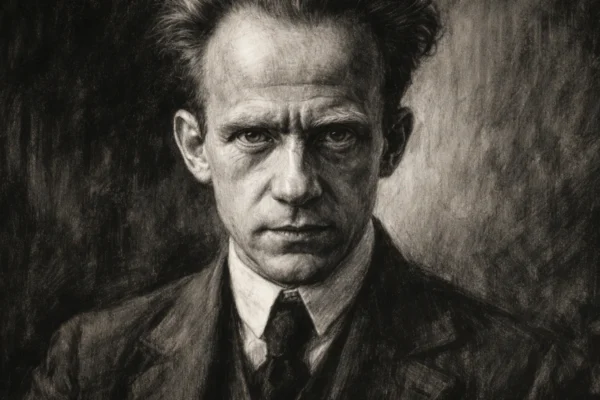 Portret Wernera Heisenberga u ugalj stilu, crno-bijeli umjetnički prikaz znanstvenika s izraženim kontrastom.
