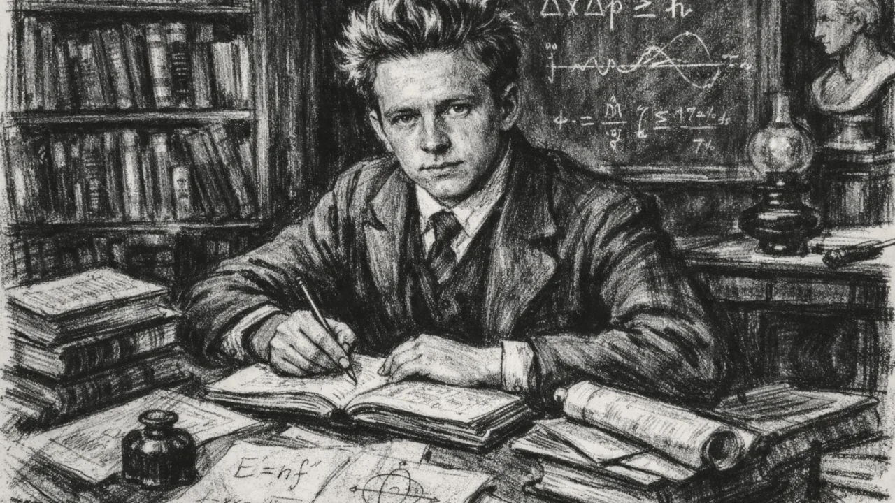 Mladi Werner Heisenberg tijekom školovanja u Münchenu, prikazan u ugalj stilu s knjigama i bilješkama.