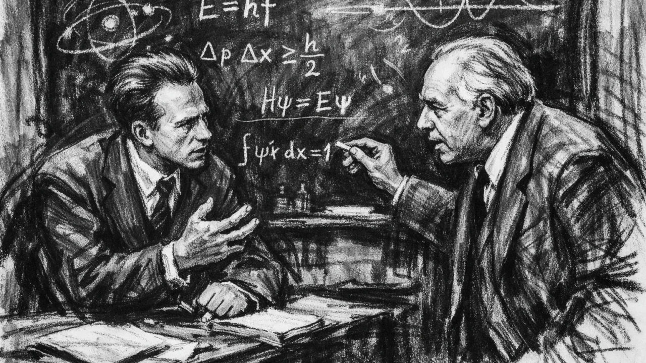 Werner Heisenberg i Niels Bohr u znanstvenoj raspravi, scena prikazana u ugalj stilu s naglašenim kontrastom.