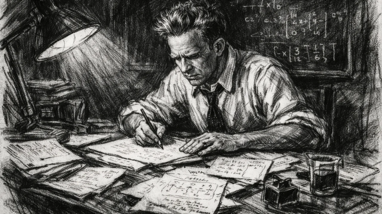 Werner Heisenberg tijekom rada na kvantnoj mehanici, samotna scena u ugalj stilu.