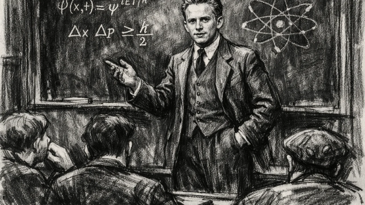 Werner Heisenberg kao profesor u Leipzigu, predavanje prikazano u ugalj stilu.