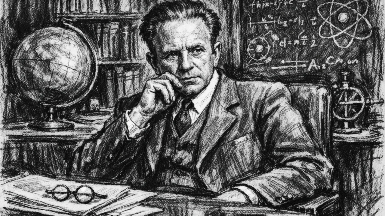 Werner Heisenberg kao ravnatelj instituta u Berlinu, ozbiljan portret u ugalj stilu.