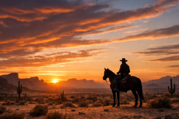 Široki kadar klasičnog western pejzaža s kaubojem u pustinji, simbol Divljeg zapada i temeljnih motiva western žanra