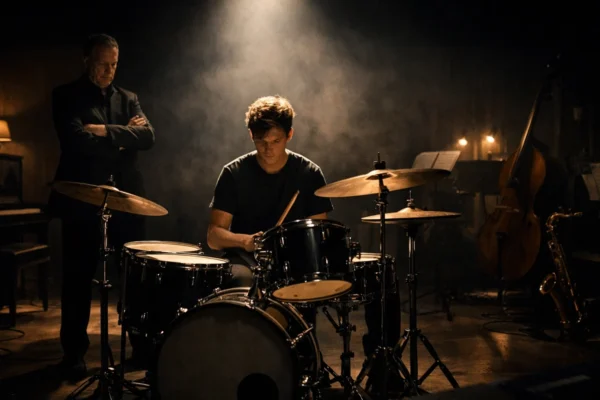 Široki kadar jazz učionice koji simbolizira napet odnos učenika i mentora u filmu Whiplash