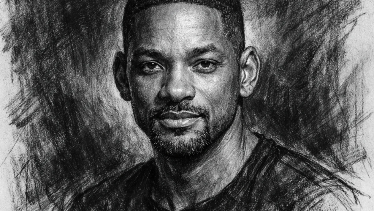 Hero portret glumca Willa Smitha u ugalj stilu, crno-bijeli crtež s izražajnim linijama i snažnim kontrastom