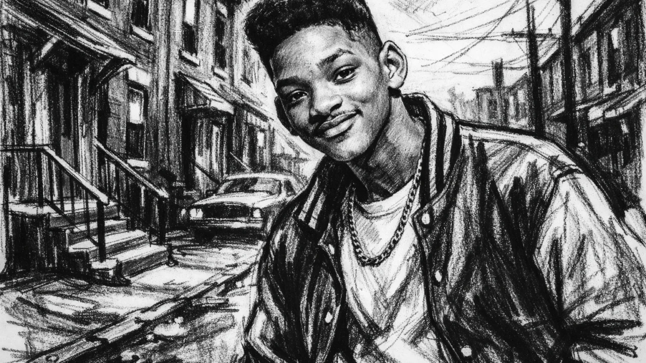 Mladi Will Smith u West Philadelphiji prikazan u ugalj stilu, crno-bijela scena iz njegovog ranog života