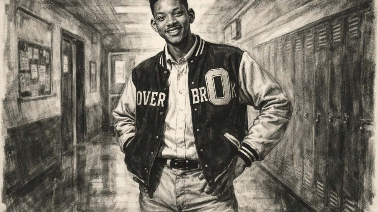 Will Smith kao srednjoškolac u ugalj stilu, scena iz škole s naglašenom karizmom i crno-bijelim kontrastom