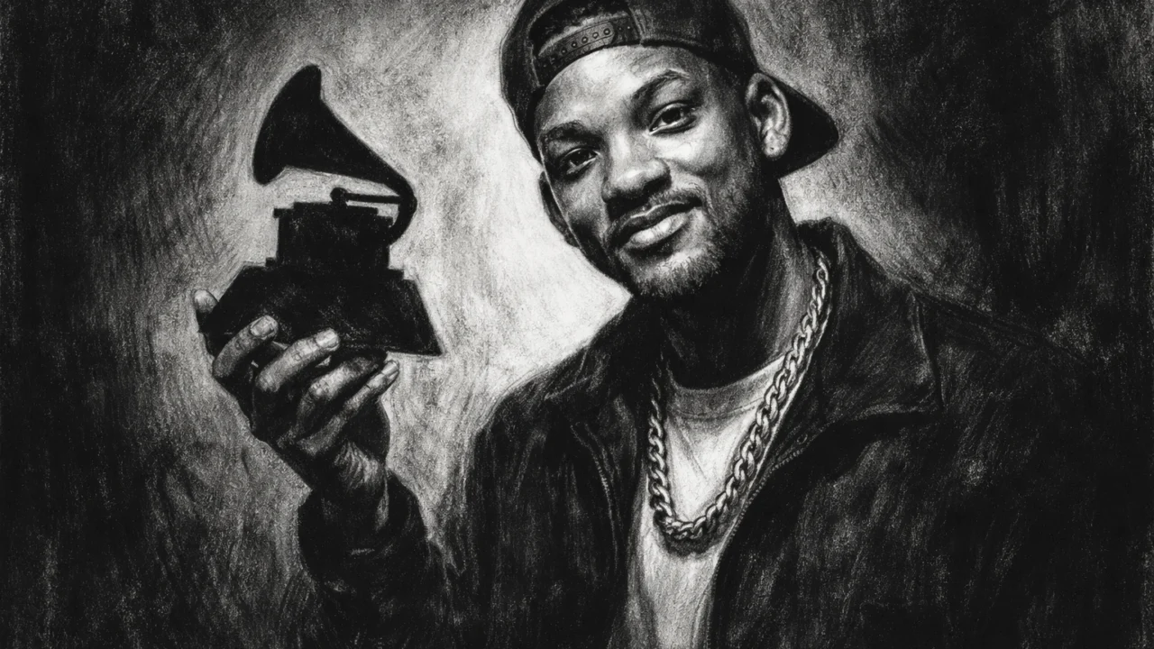 Will Smith u ranoj fazi karijere s Grammy priznanjem, prikazano u ugalj stilu i crno-bijelom izrazu