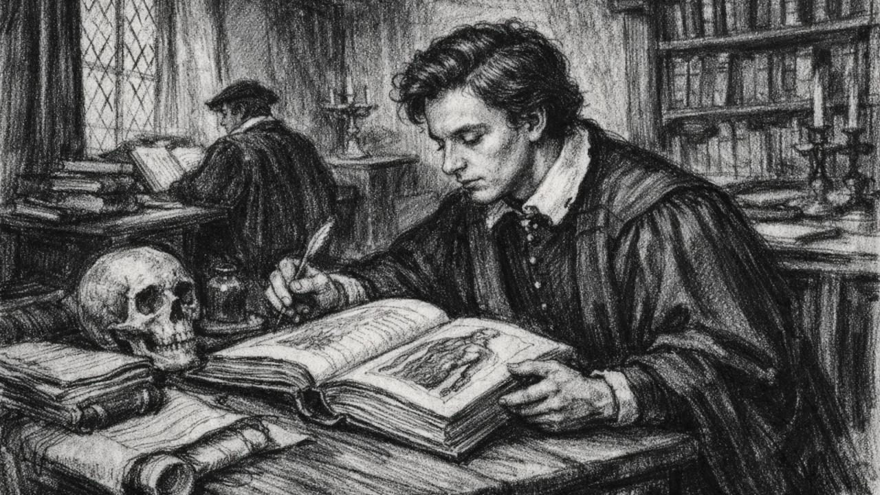 Mladi William Harvey tijekom studija u Cambridgeu prikazan u uglj stil crtežu u akademskom okruženju