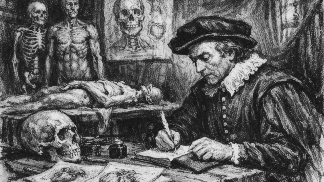 William Harvey na sveučilištu u Padovi u uglj stil crtežu, fokusiran na anatomiju