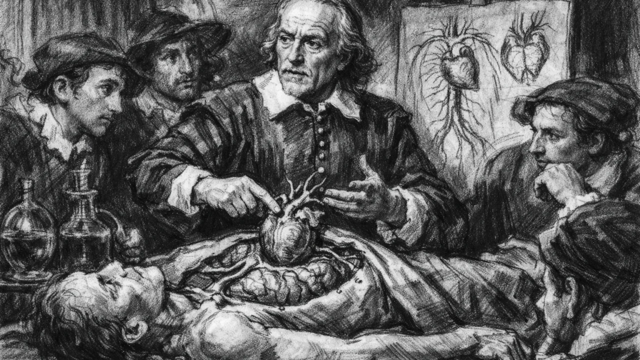 William Harvey predaje anatomiju i istražuje cirkulaciju krvi u uglj stil crtežu
