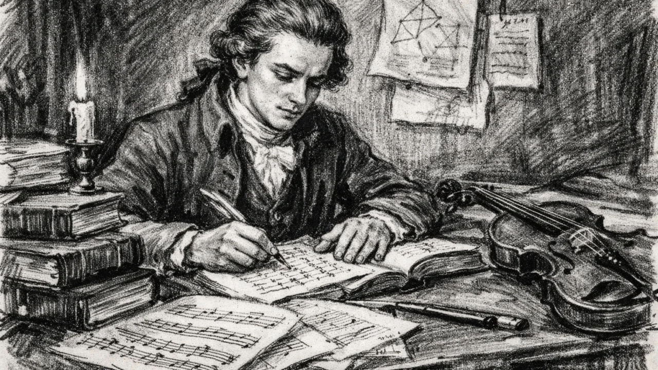 William Herschel u mladosti u Hannoveru, prikazan u ugalj stilu dok uči glazbu i matematiku.