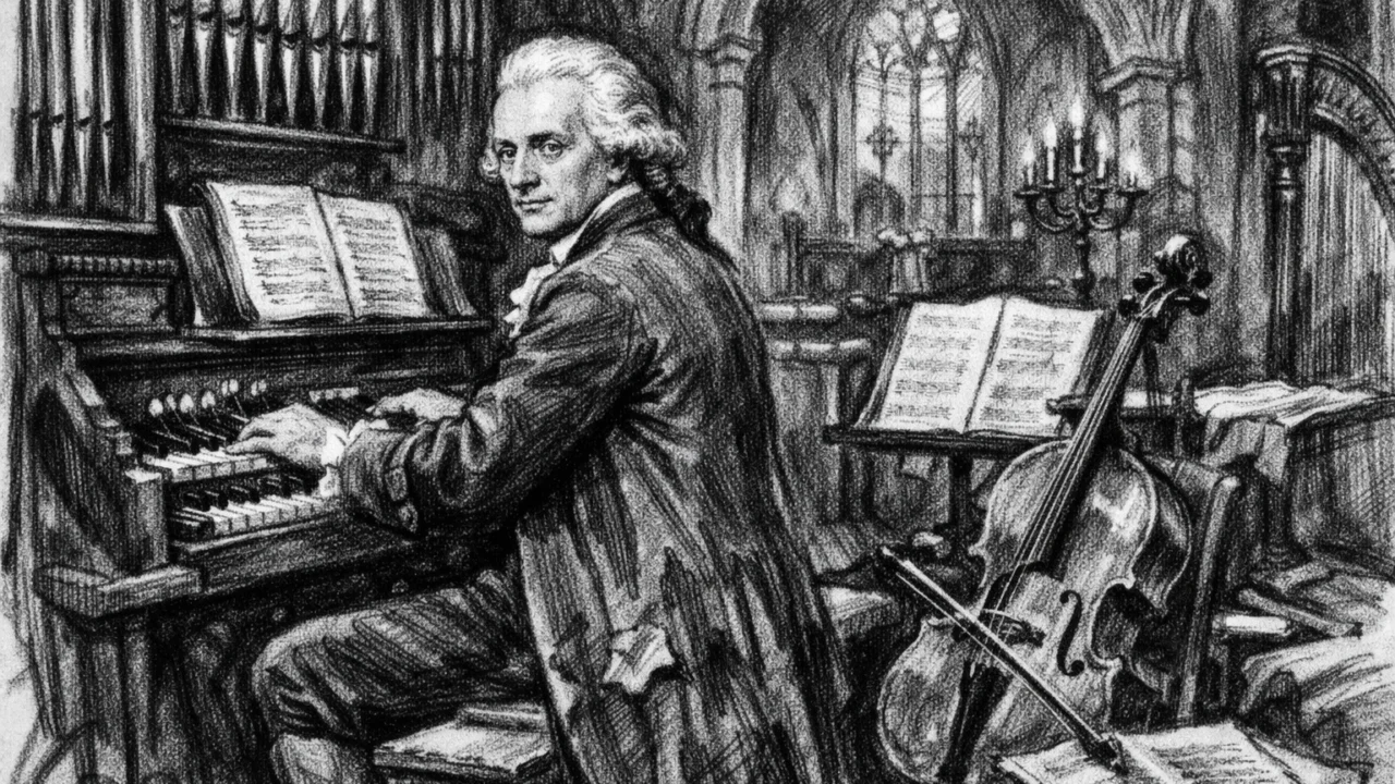 William Herschel kao glazbenik u Bathu, nacrtan u ugalj stilu s orguljama i glazbenim detaljima.