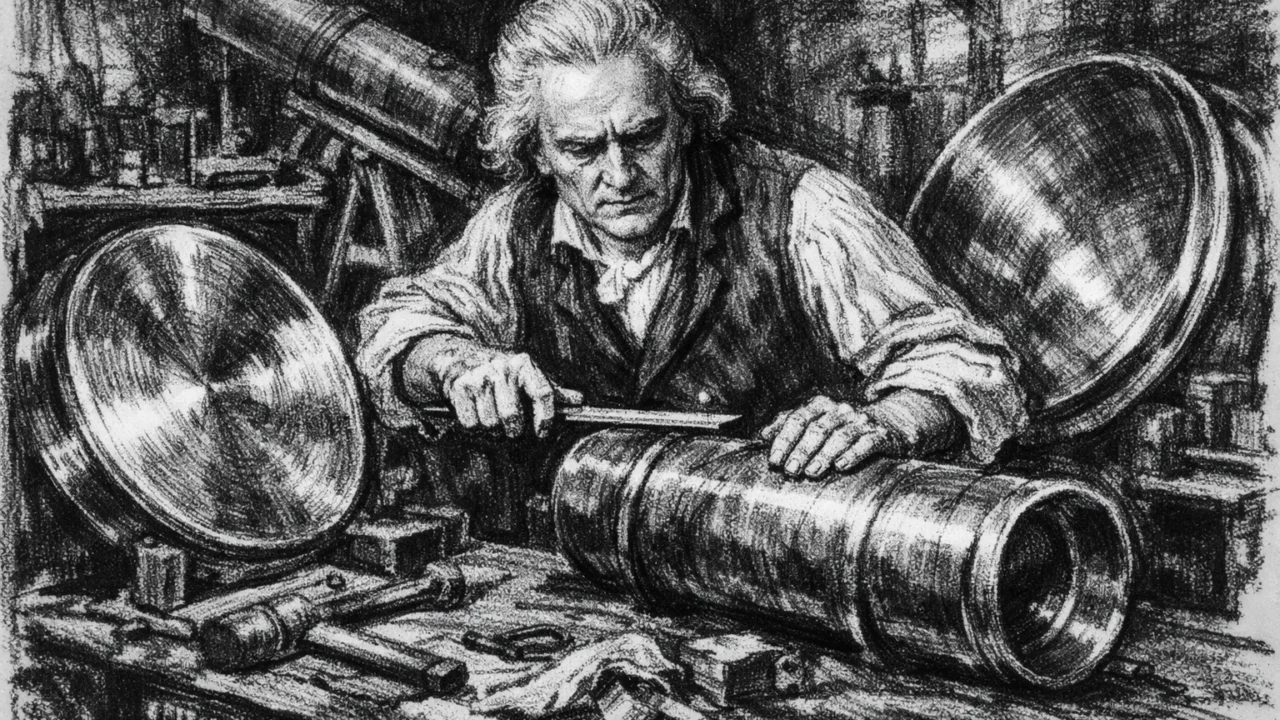 William Herschel izrađuje teleskop u radionici, prikazan u detaljnom ugalj stilu.