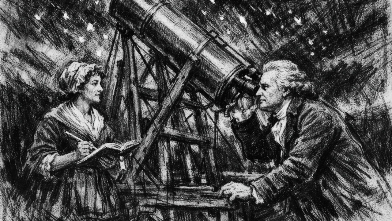 William i Caroline Herschel promatraju noćno nebo teleskopom, prikazani u ugalj stilu.