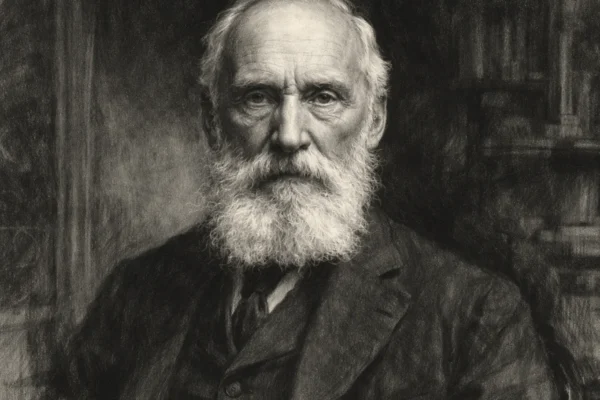 Hero portret Williama Thomsona (Lord Kelvin) u ugalj stilu, crno-bijeli prikaz naglašenih kontrasta i snažnih linija.