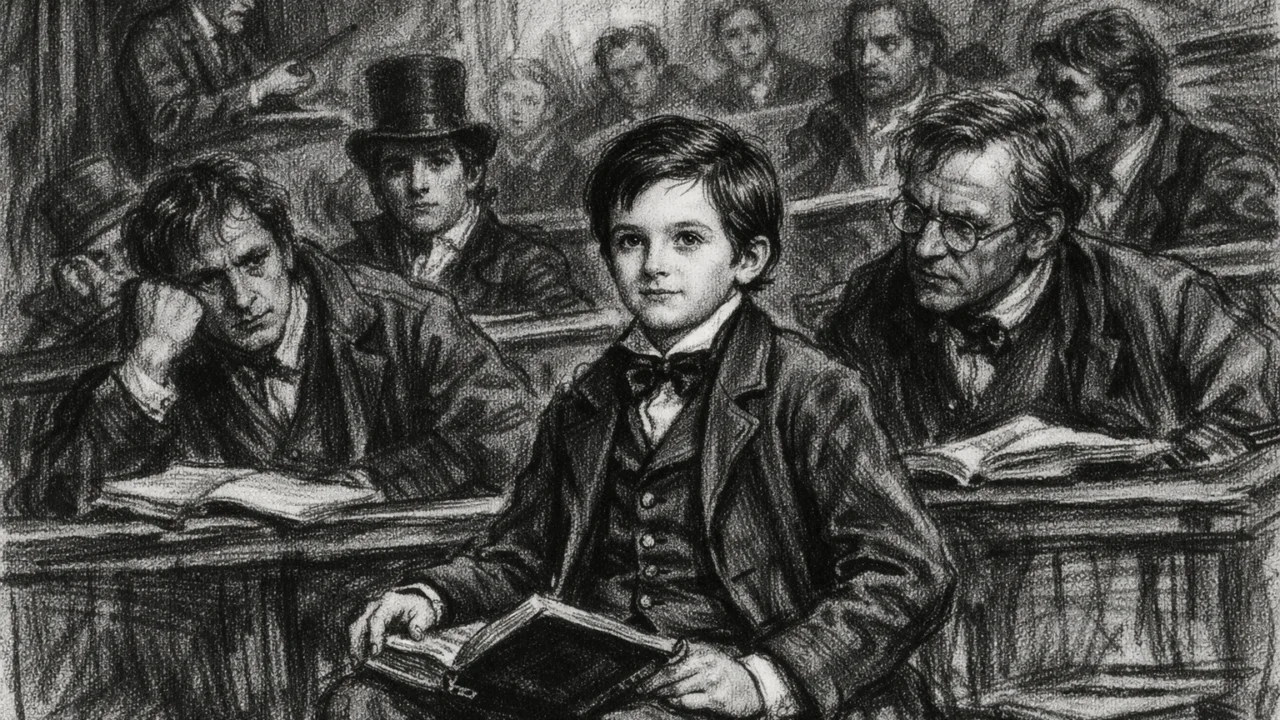 William Thomson kao mladi student na Sveučilištu u Glasgowu u ugalj stilu, crno-bijeli prikaz akademske scene.